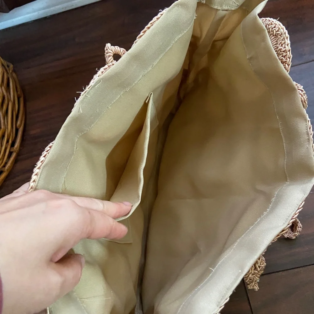 BOHO Beachy Shoulder Bag Tote Circles Rings All Over, Woven Cream Tan